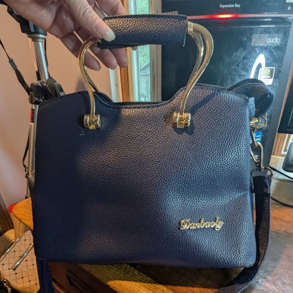 Danbaoly Blue Faux Leather Shoulder Bag With Brass Handles